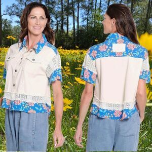 Tru Luxe Womens Short Sleeve Patchwork Shirt Jacket Size M Floral Lace NWT